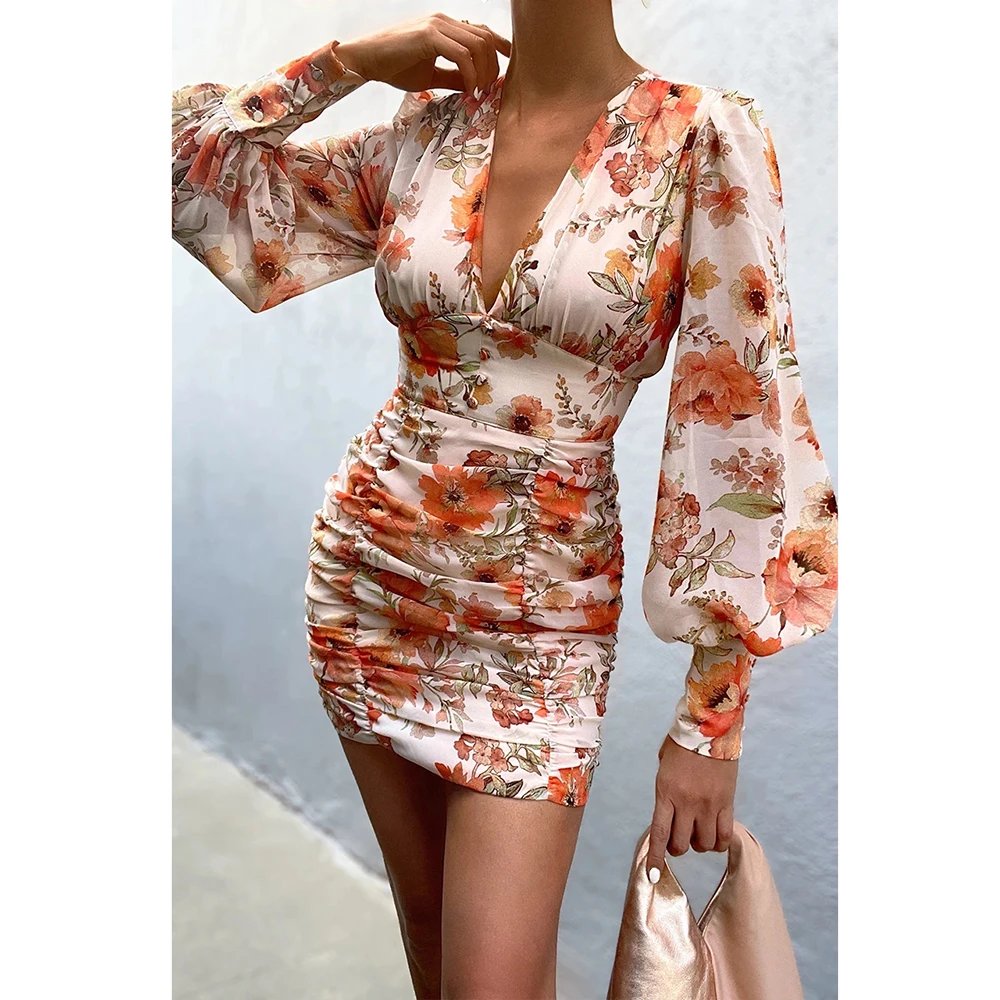 

Women Vintage V Neck Lantern Sleeve Print Slim Short Sheath Pencil Dress Ladies Sexy Casual Bodycon Dresses