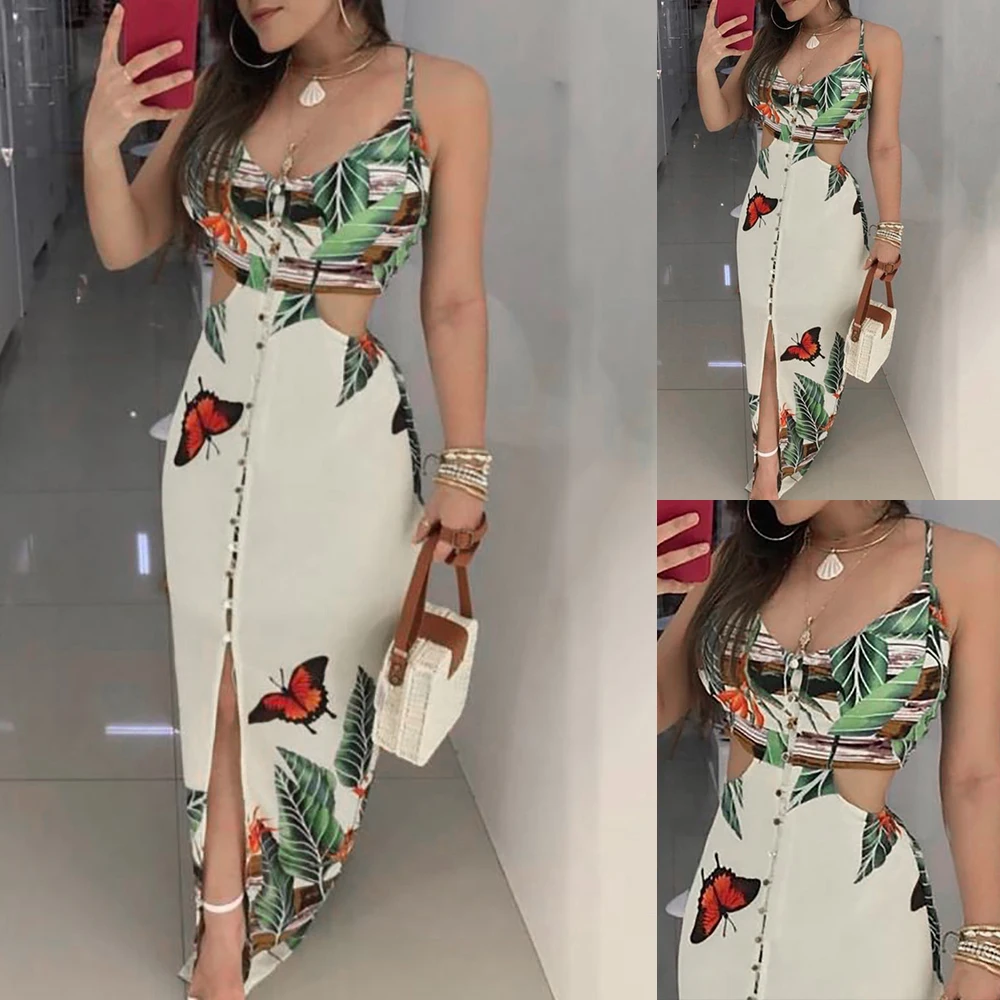 2019 женское сексуальное открытое длинное платье с принтом бабочки женская модная