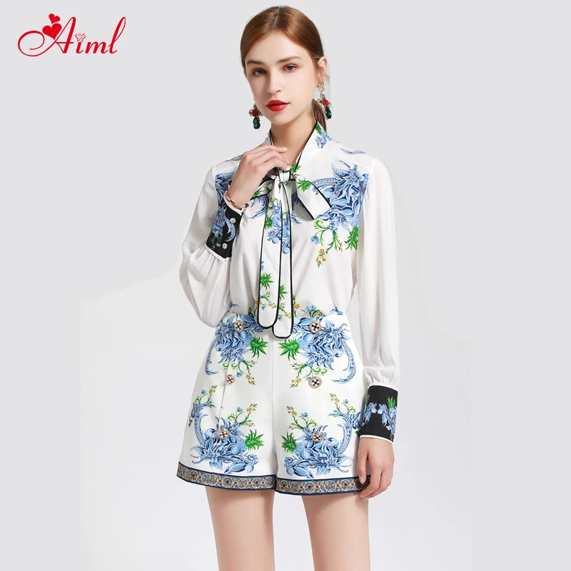 2020 Fashion Designer Summer Set Female Long sleeve Bow collar Floral Print Tops Street Leisure Button Shorts Two-Piece Suit New