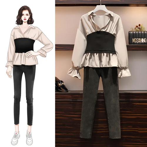 5XL Женский комплект 2 шт. модные лоскутные блузки абрикосовые рубашки + эластичные