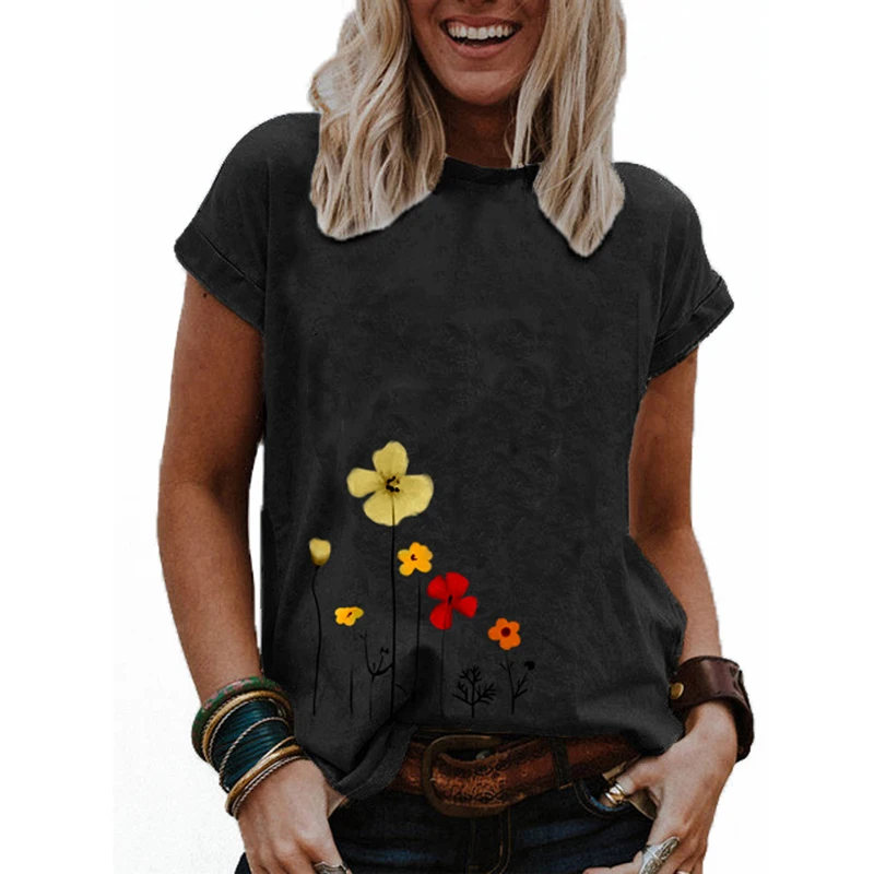 

Diy Summer Fashion Round Neck Short Sleeve Solid Color Print T-shirt Casual Ladies Loose Cotton Blouse Tops For Women Plus Size