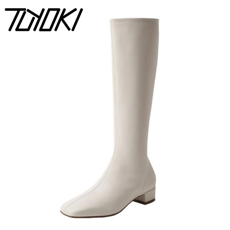 

Tuyoki 2021 New Fashion Knee High Boots Square Toe Low Heel Zipper Shoes Party Solid Color Simple Ladies Footwear Size 34-39