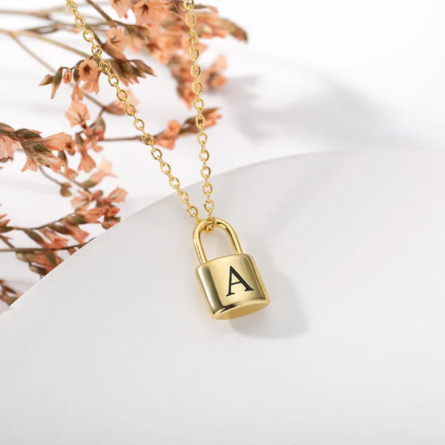 Lock Necklaces for Women Stainless Steel Initial Letter A-Z Capital Lock  Pendant Necklace Jewelry Collar Femme 2022
