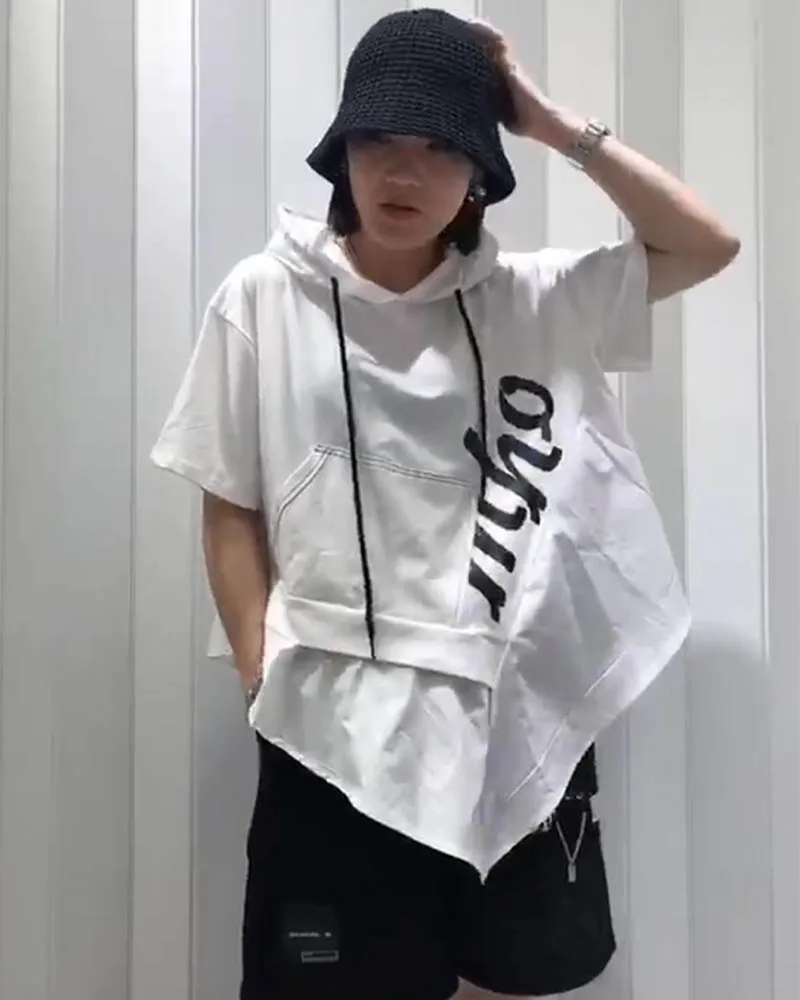 

2021 Summer European Fashion Irregular Ladies Tees Fake Two-Piece Printed Letter Hooded Tops Women Slim Short Sleeve T-shirt