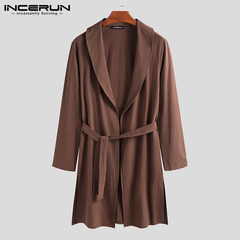 

INCERUN Men Solid Color Sleep Robes Leisure Long Sleeve Kimono Bathrobes Loose Cotton Homewear Men Casual Lace Up Nightgown 3XL
