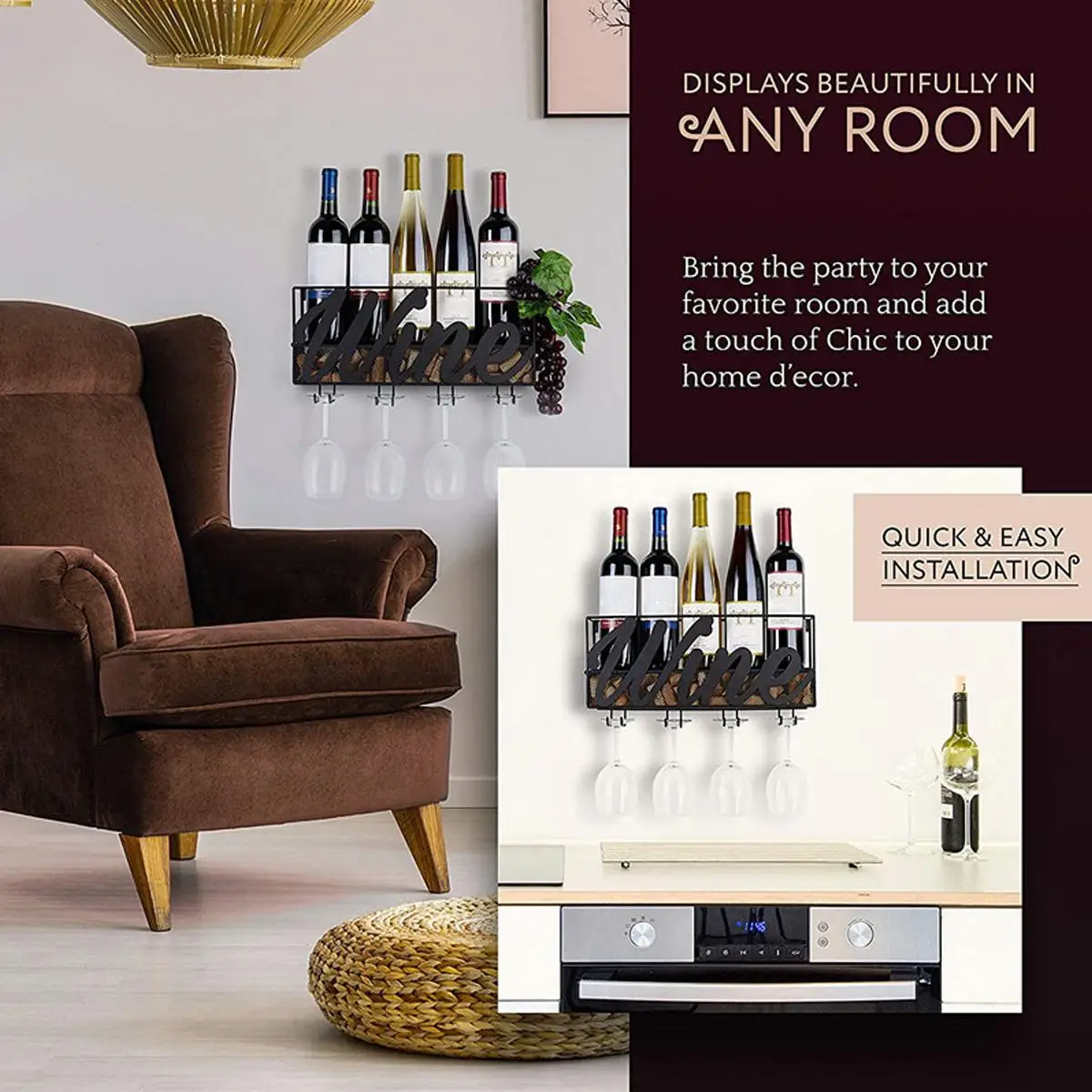 

17.71x5.12x8.66 Inch 4 Built-in Wine Glass Holders Metal Wall Mounted Wine Rack Bottle Champagne Shelf With Extra Cork Tray