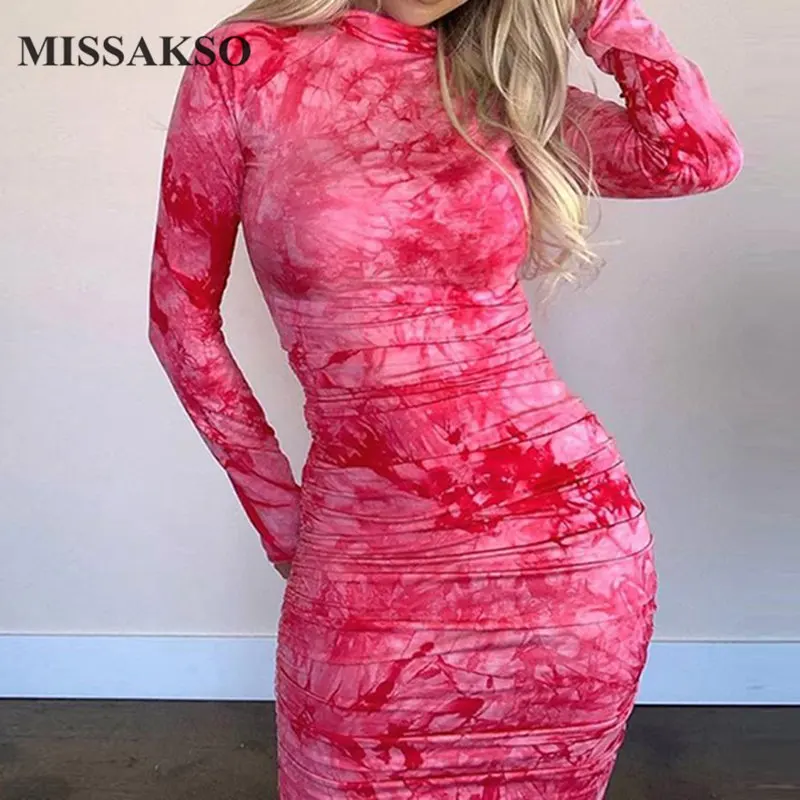 

Missakso Sexy Bodycon Print Dress Streetwear Long Sleeve Fashion Sheath Club Party Ruched Women Autumn Midi Dresses Clubwear