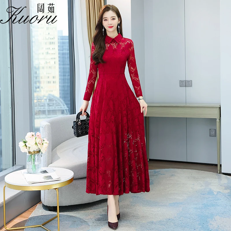 Женское платье с длинным рукавом красное Сетчатое вязаное крючком вечернее