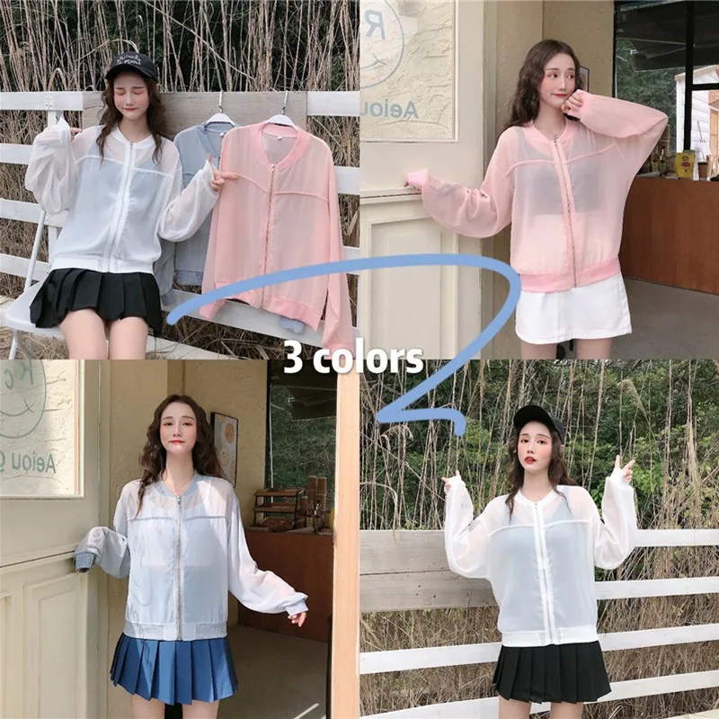 

Women Summer Protection Clothes College Style Casual Loose Chiffon Zipper Coat Sunscreen Cover Up Tops for female
