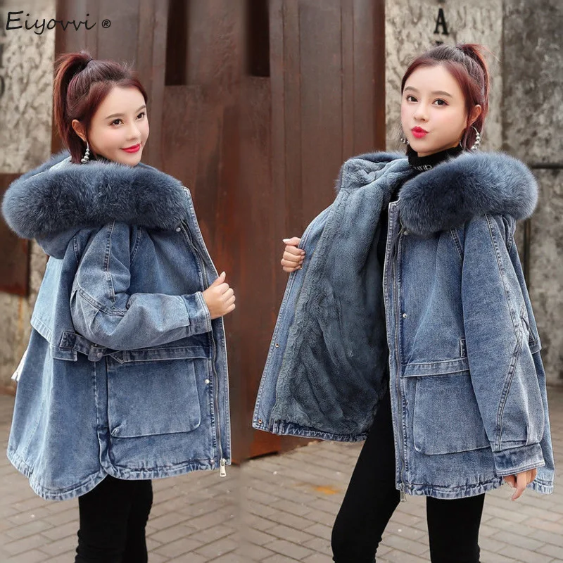 Plush Thickened Denim Cotton Jacket Women's 2022 Winter Lamb Wool Medium Long Loose Hodded Jeans Coat Casual Vintage Outerwear