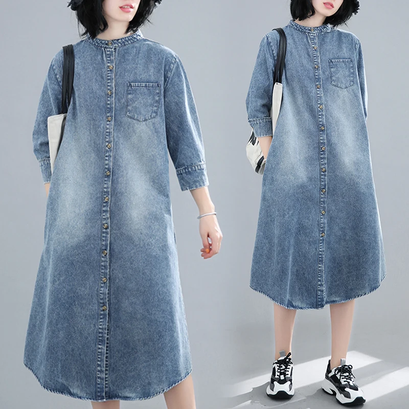 

Женское джинсовое платье-рубашка с воротником-стойкой, свободное повседневное однобортное платье из денима с эффектом потертости, s612
