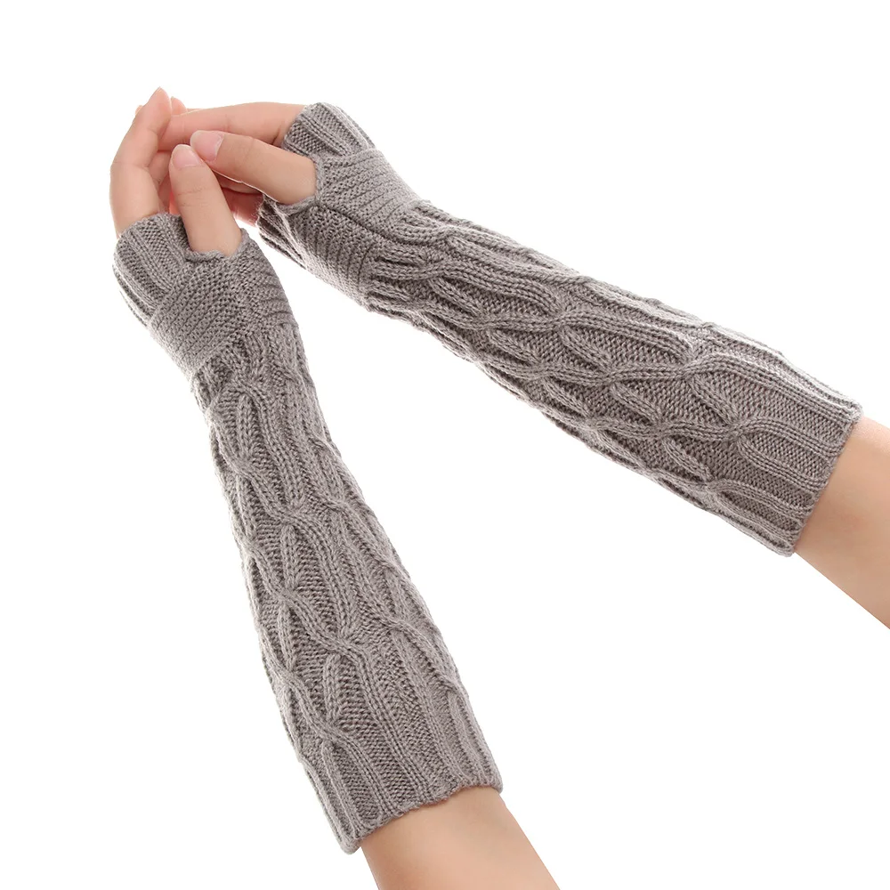 Winter-Light grey Новое поступление, женские зимние длинные вязаные перчатки, толстые теплые перчатки без пальцев, яркие цвета, эластичные мягкие гетры, аксессуары - Цвет: Winter-Light grey