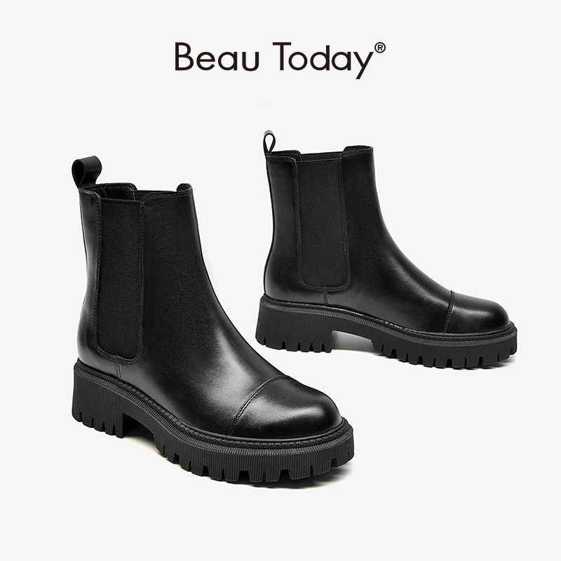 

BeauToday Ankle Boots Chelsea Women Genuine Cow Leather Platform Bootie Elastic Band Autumn Winter Ladies Shoes Handmade 04422