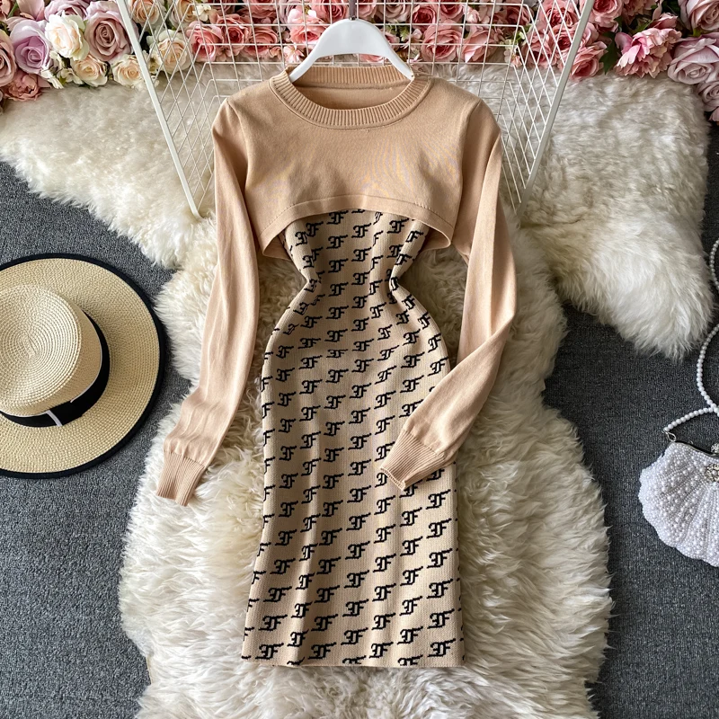 

Two Piece Sets Maxi Sling Dress Sexy Party Bodycon High Waist Robe Long Sleeve Knitting Vestido Midi Elegante A Line Clothing