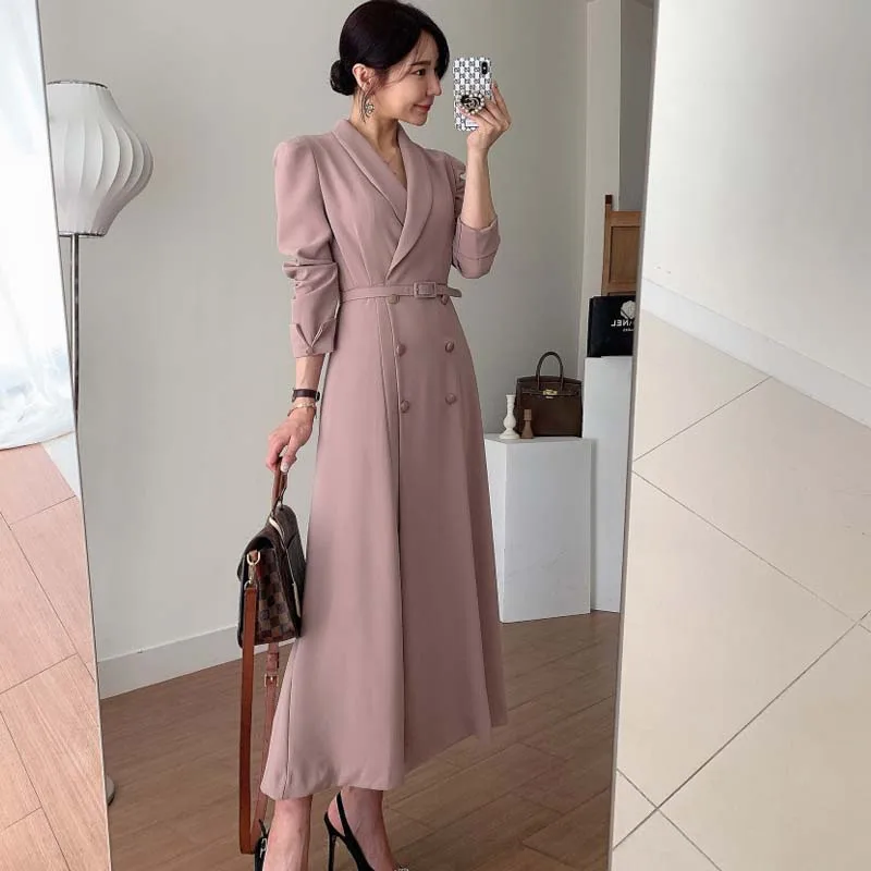 

Женское офисное платье с поясом, элегантное двубортное платье с длинным рукавом, облегающее платье с поясом, весна-осень 2021