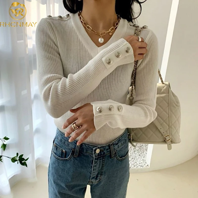 

Женский облегающий свитер на пуговицах, элегантный однотонный пуловер с V-образным вырезом и длинными рукавами в Корейском стиле, 2019