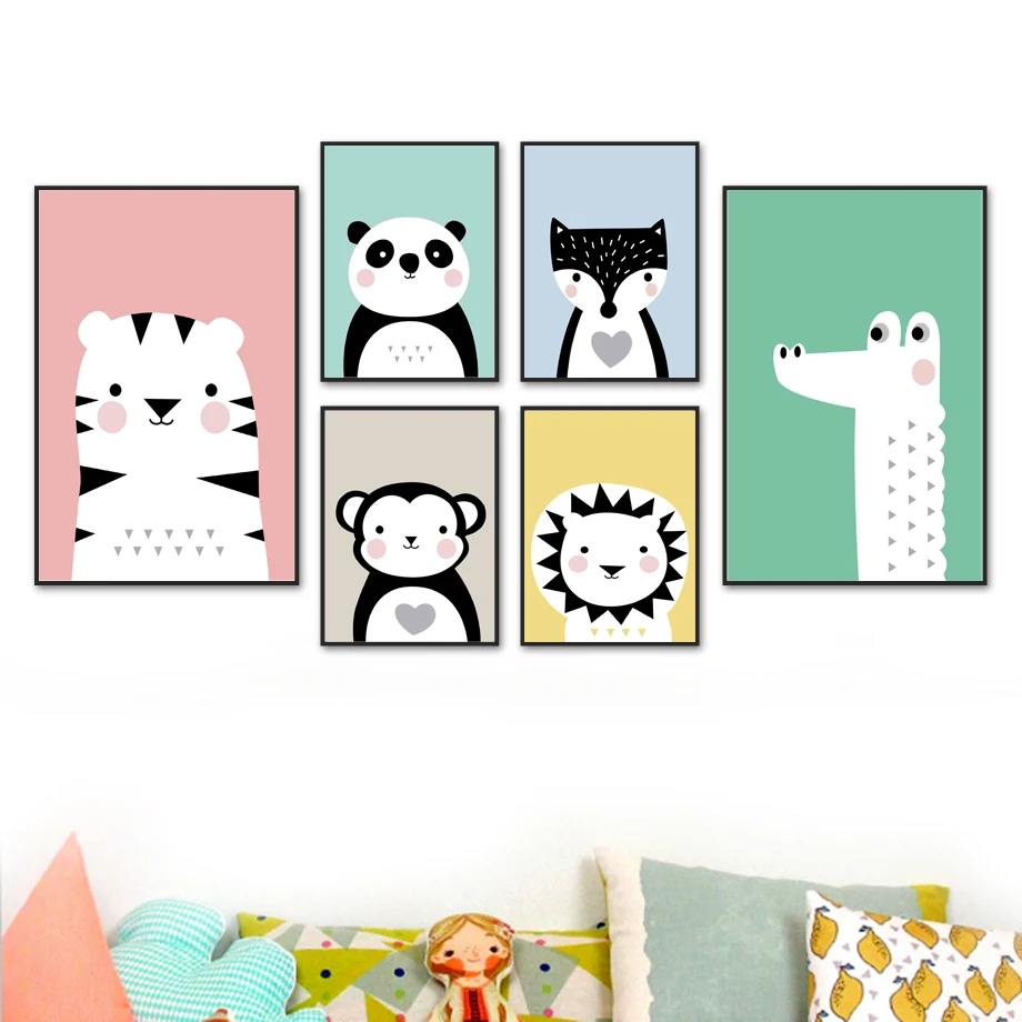 

Cute Jungle Animal Tiger Panda Fox Monkey Lion Wall Art Canvas Painting Nordic Posters And Prints Wall Pictures Kids Room Decor