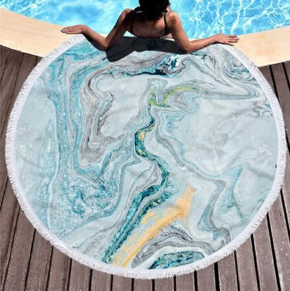 Круглая пляжная полотенце большого размера из микрофибры с ярким рисунком квиксенда для взрослых - "Мраморный".
