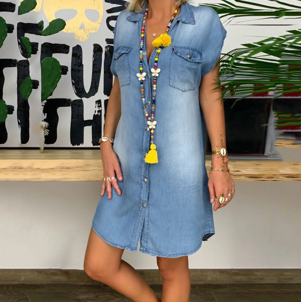 JAYCOSIN Jeans Summer Dress Women 20Short Sleeve Button Denim Sundress Turn Down Collar Mini Party Female Vestidos 20MAR2 | Женская