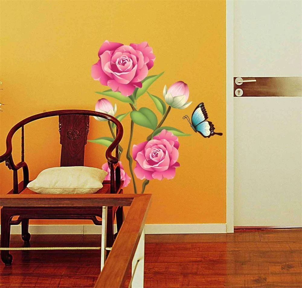 

1PC Rose Flower Butterfly Decal Peony Wall Sticker Mural DIY Art For Living Room Bedroom muralation Home mural Big size 50*70