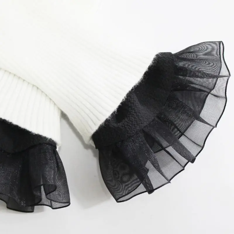 Женский винтажный вязаный эластичный свитер с оборками и съемными манжетами |