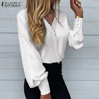 zanzea new fashion blouse womens solid lace up v neck top office lady puff sleeve shirt casual 2021 spring button work blusa