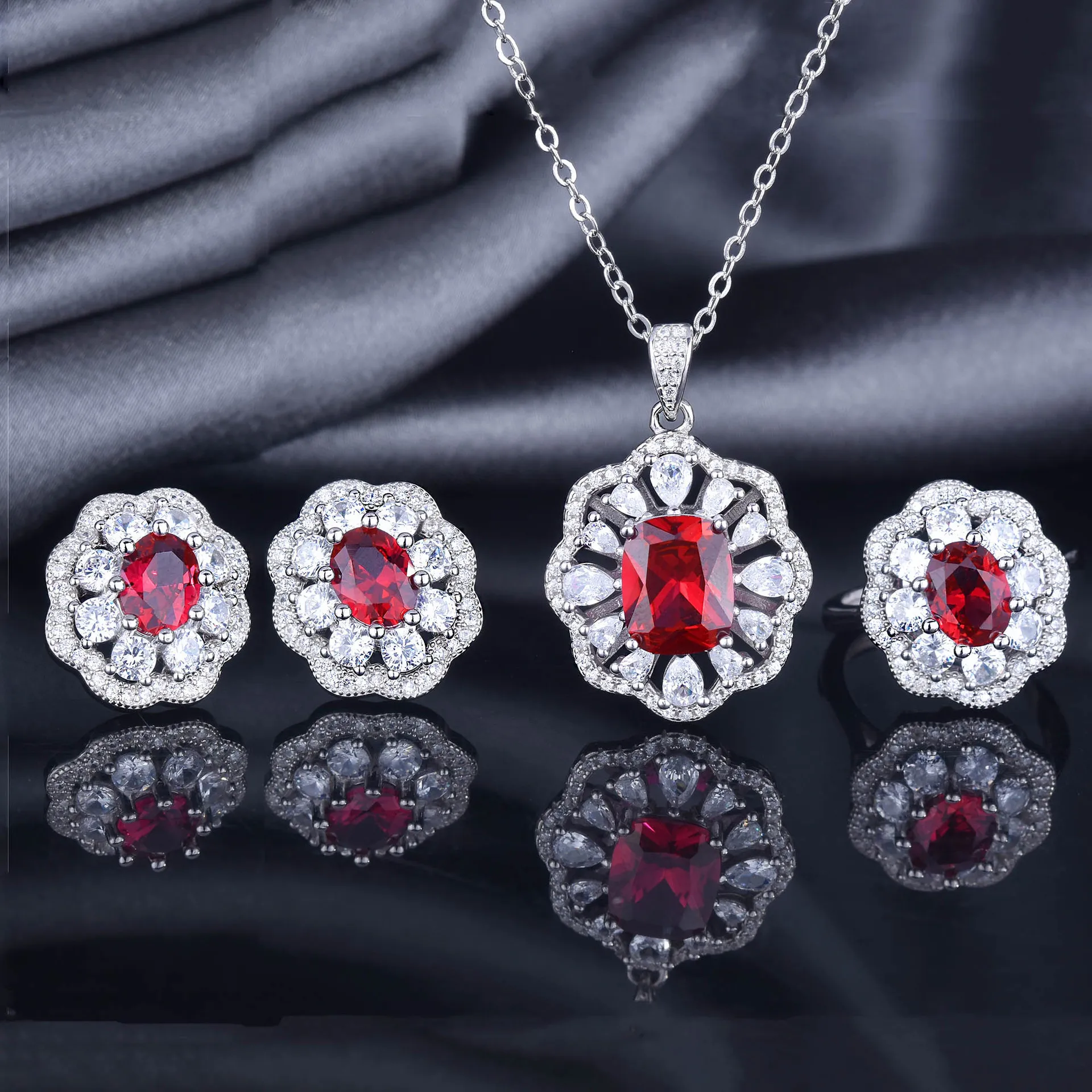 

Foydjew Luxury Ruby Jewelry Sets S925 Sterling Silver Inlaid Diamond Open Rings Advanced Sense Necklace Pendant Silver Ear Stud