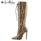 Женские сапоги Onlymaker выше колена, заостренный носок, молния сбоку, высокий каблук 10-11 см, пикантная леопардовая расцветка, на шнуровке
