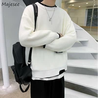 men pullover loose oversize fake 2 piece winter warm knitted sweater male casual fashion spliced cozy streetwear clothes student