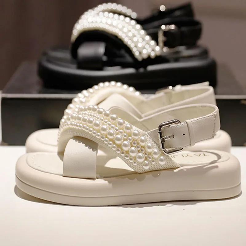 

Platform Women Sandals 2021 Summer Fashion Beach Pearl Comfortable Walking Ladies Slippers Female Casual Party Sandalias Mujer