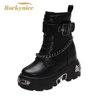 new 2021 women leather platform chain ankle boots winter gothic style shoes metal motorcycle boots round toe chunky punk boots