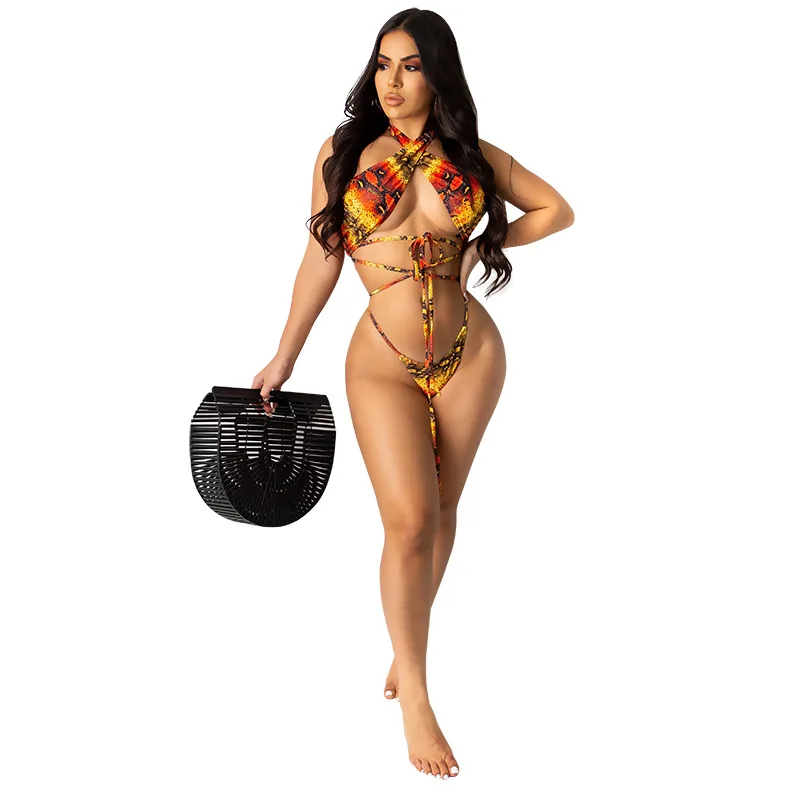 

plus size swimwear bikini Leopard printing Lace up plus size ladies sexy swimsuit