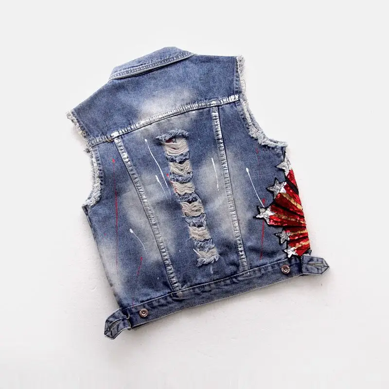 

Уличная мода, джинсовый жилет с дырками, женская дизайнерская куртка без рукавов с блестками и вышивкой, облегающий короткий джинсовый жиле...