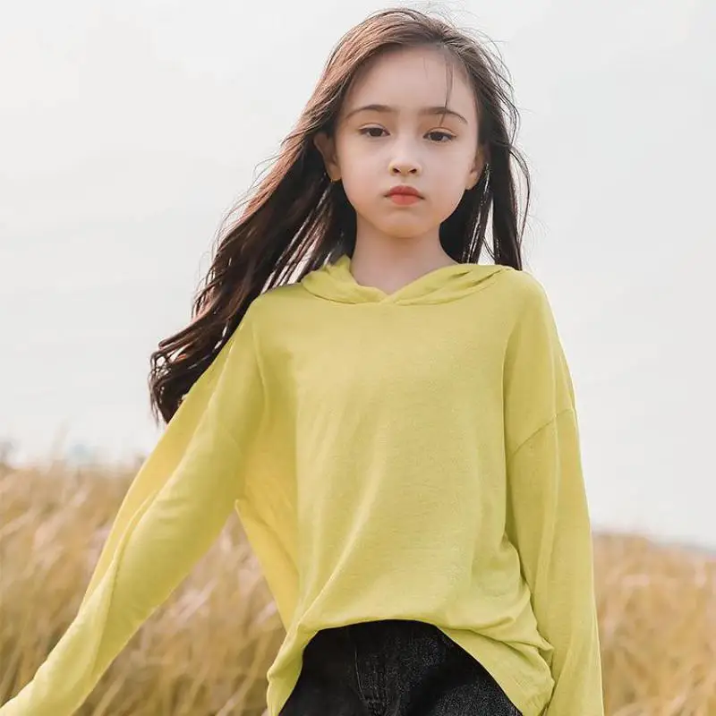 

От 5 до 14 лет, детские толстовки с длинными рукавами для девочек, повседневные однотонные топы с длинными рукавами, свободные топы с капюшоно...