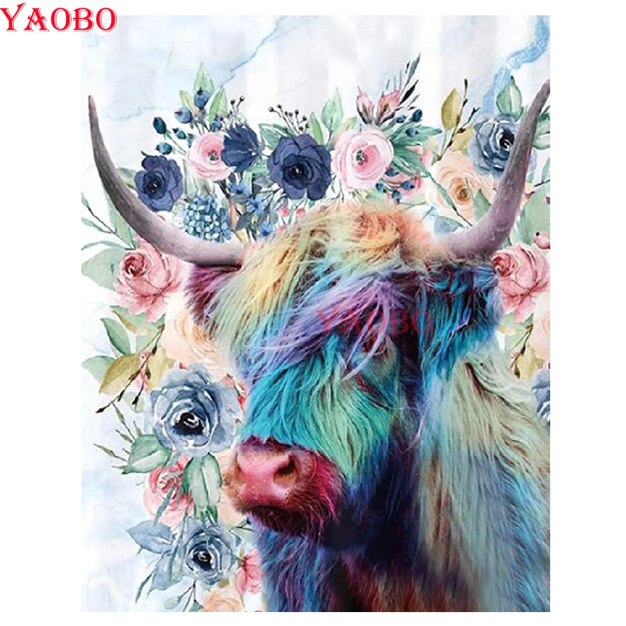 

5d Diy Diamond Painting Highland Cow Longhorn Bull Western Wildlife Colorful Flower Cross Stitch Diamond Embroidery Animal