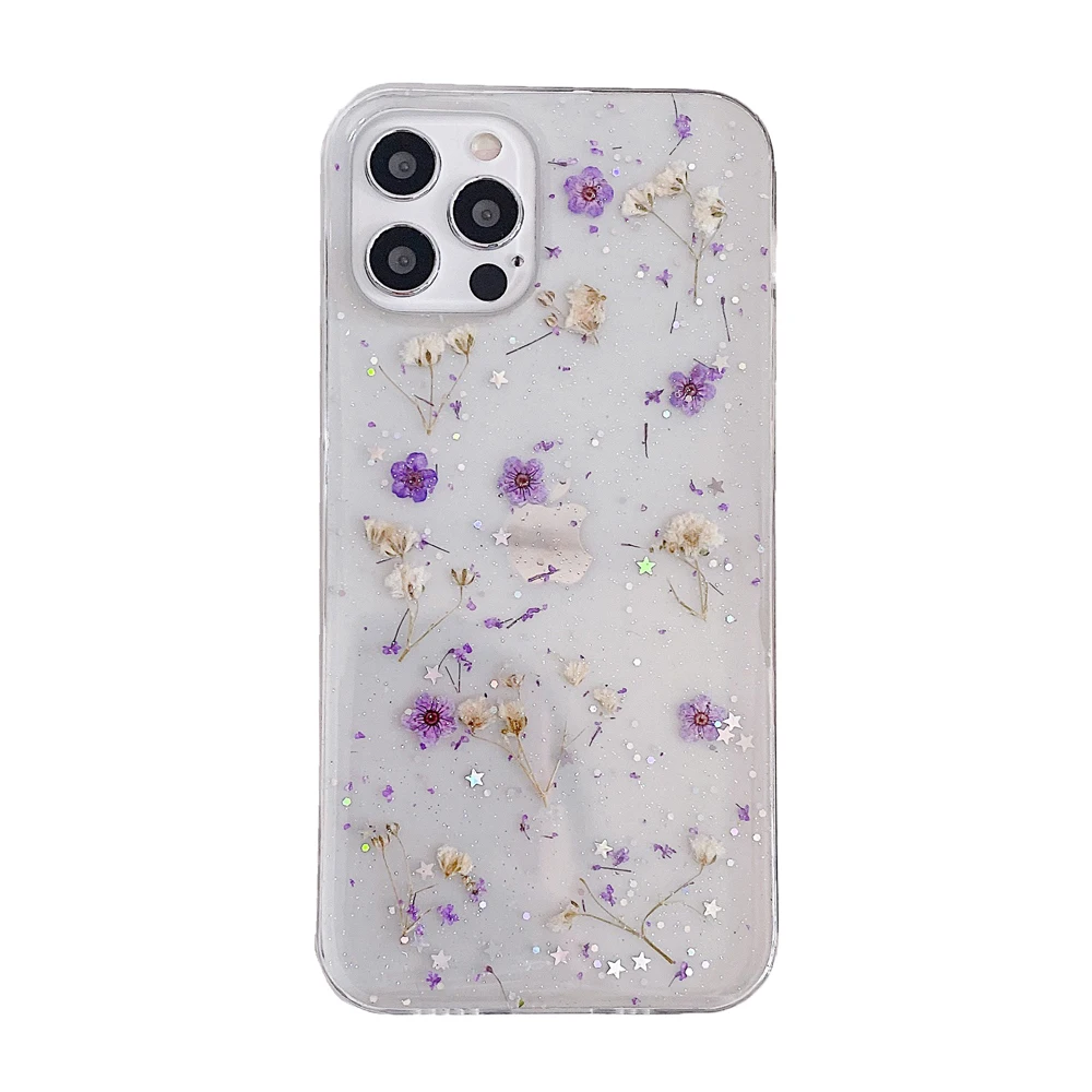 

Bling Glitter Case For Iphone XR Case Real Dry Flower Silicon Fundas On Iphone 12 11 Pro Max mini 7 8 XS SE 2020 6s 6 Plus Cover