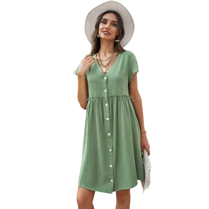 

Dress Summer 2021 New Solid Color Buttoned High Waist Ruffled Short-sleeved Skirt