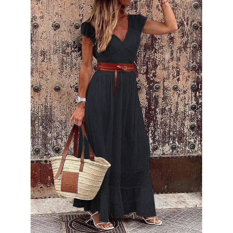 

2021 summer new women's European and American fashion lace stitching mid-waist solid color long dress hot style