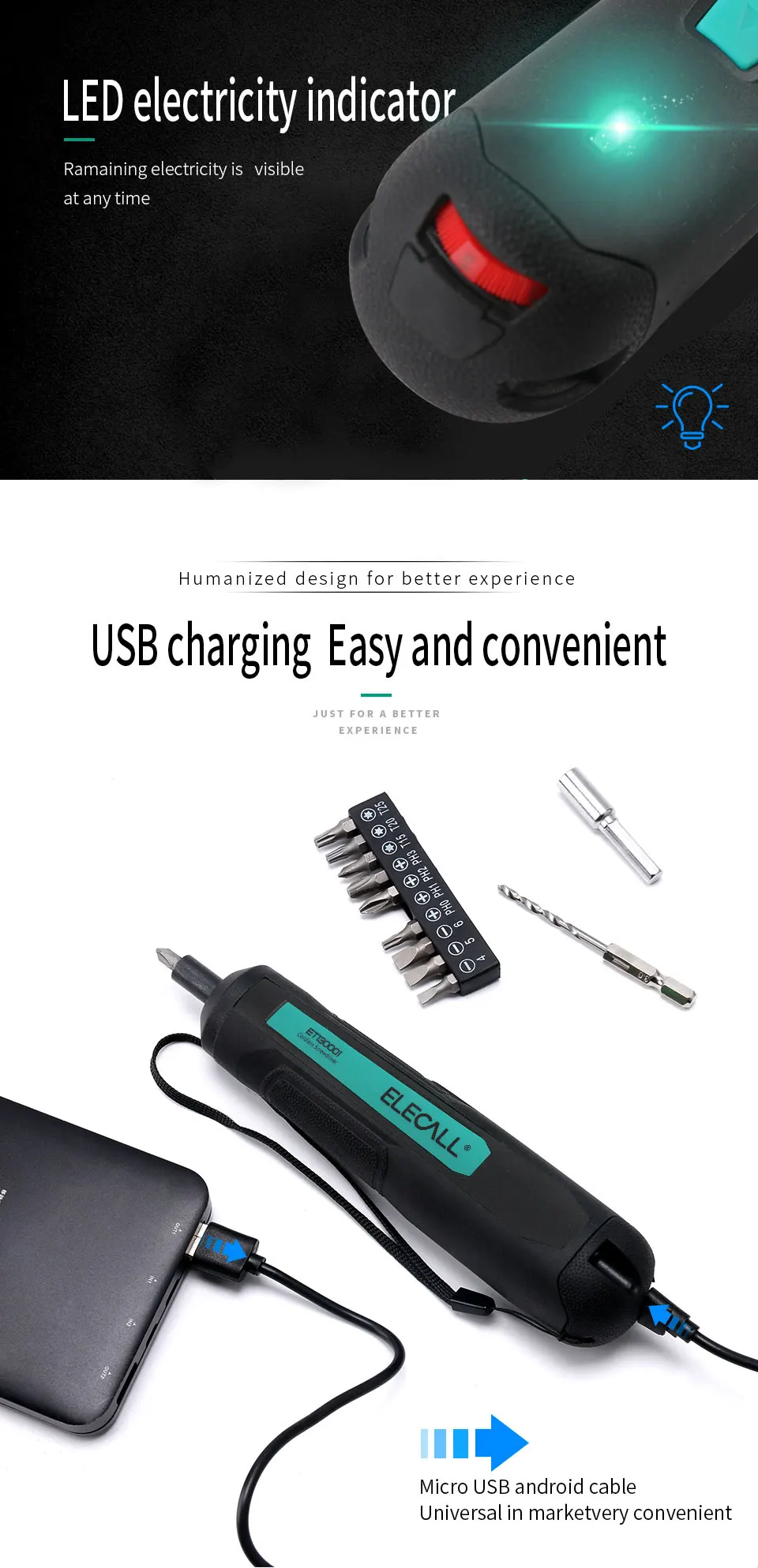 ELECALL ET130001 Мини Электрическая отвертка электрические аккумуляторные USB литиевые батареи 3,6 В аккумуляторная дрель электроинструмент