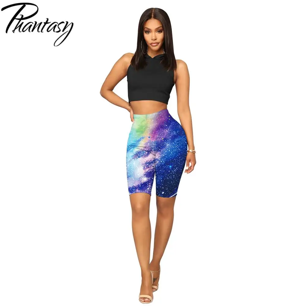 

Phantasy Women Short Pants Starry Printed Skinny Fitness Leggings Summer Push Up Knee Length Casual Shorts Female Slim Leggings