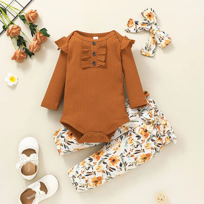 

Autumn Lovely Baby Girls Casual Romper Clothing Sets Infant Long Sleeve Ribbed Button Printed Elastic Waist Long Pants Headband