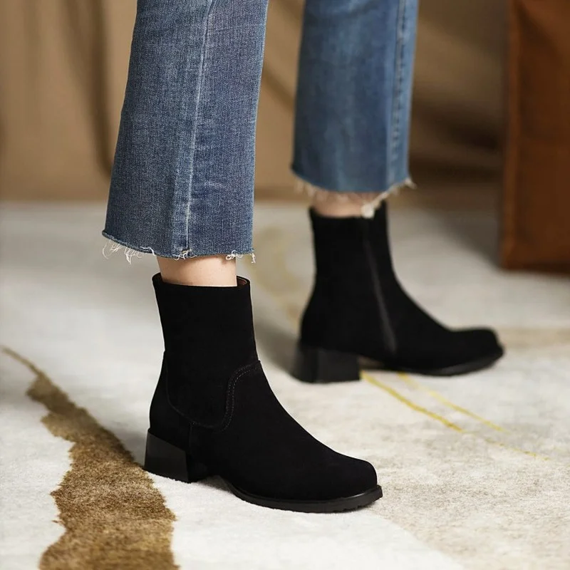 FXYCMMCQ Autumn and Winter New Style Foreign Trade Round Toe Mid-heel Short Tube Women's Boots L-06