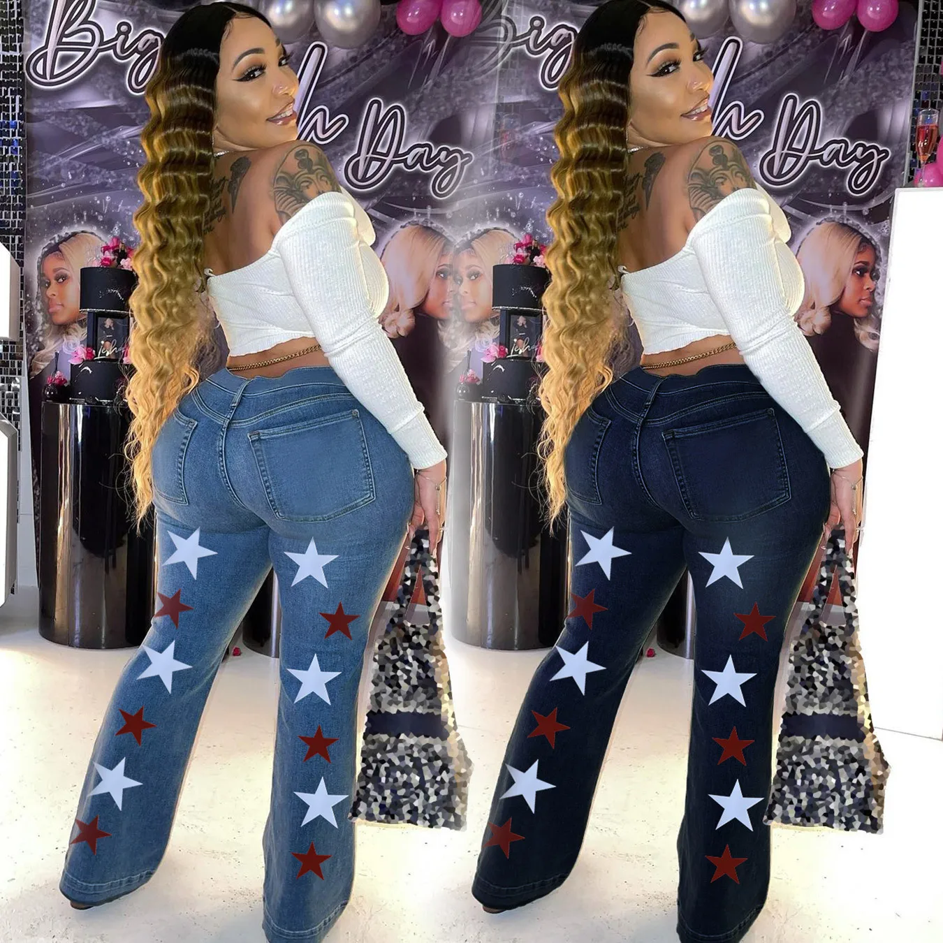 

Star Print Jeans Women 2021 Fashion Stretch Skinny High Waist Bell Bottom Jeans Female Vintage Blue Plus Size Denim Flare Pants