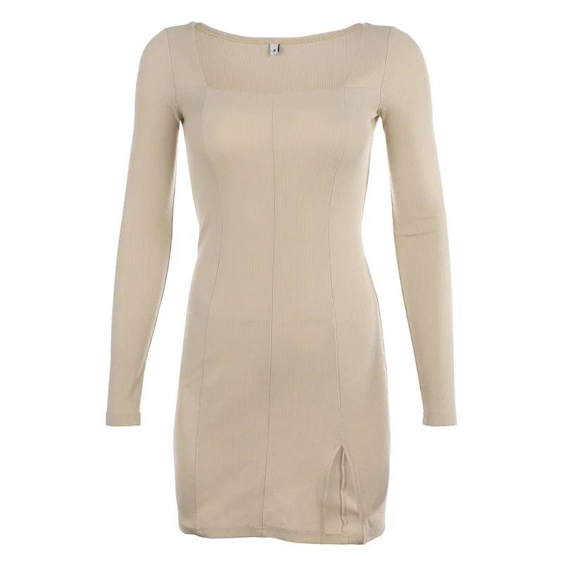 

Square Collar Split Dress Women 2021 Spring and Summer New Korean Style Temperament Slim Dress French Dress Women