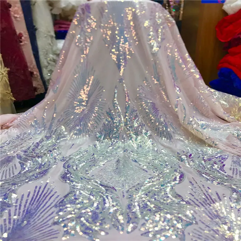 

latest white african tulle fabric 2020 high quality nigerian embroidered French sequins lace fabric for wedding dress 5 yards