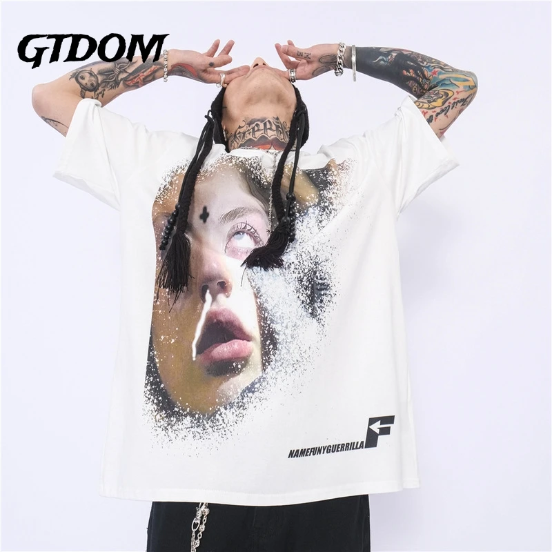 

GTDOM Men Hip Hop Stylish Personality Bereavement Portrait Short Sleeve T-Shirt 2021 Spring New High Street T-Shirts