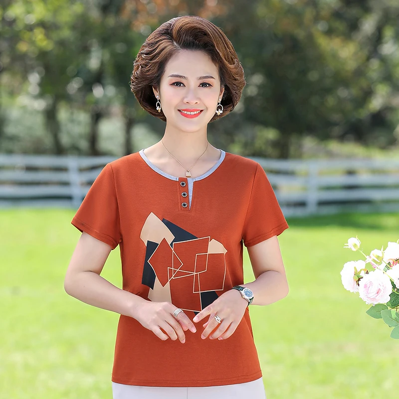 

Middle Aged Women Summer Blouses Red Purple Coffee Caramel Geometric Figure Printing Short Sleeve Round Collar Chiffon Top Mom