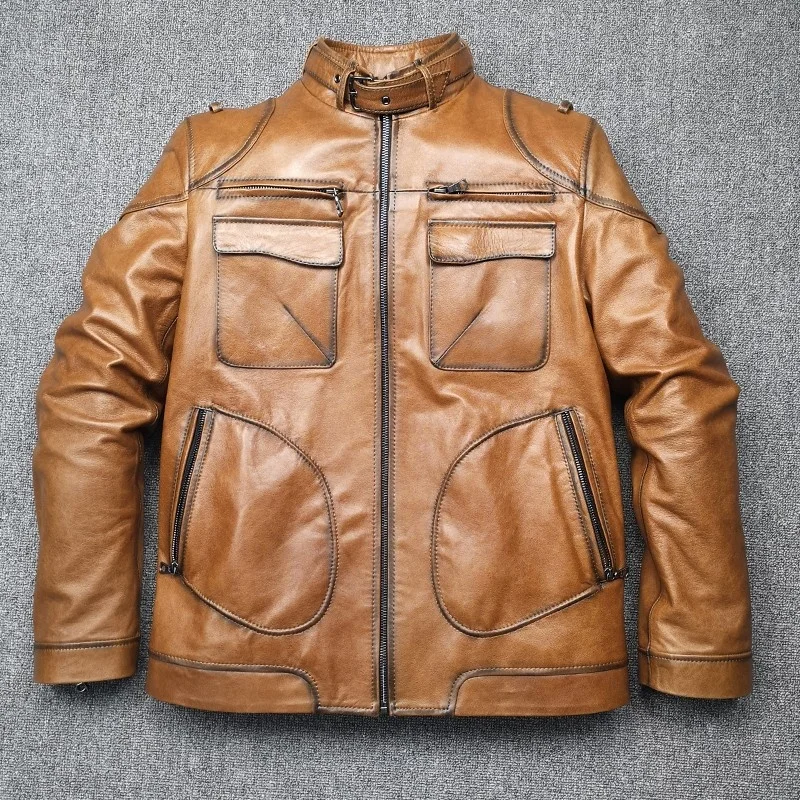 Новая модная мужская Рабочая куртка-карго из натуральной кожи с карманами