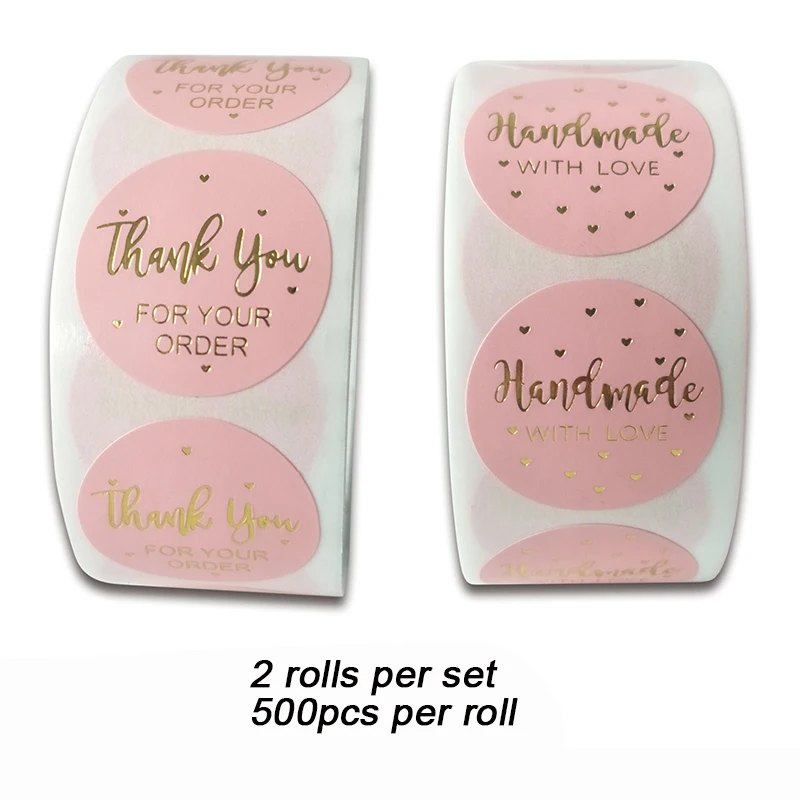 

2 Rolls/Set, 500Pcs/Roll Pink Thank You for Your Order Stickers Handmade with Love Paper Sticker Cake Shop Sealing Labels 2.5cm
