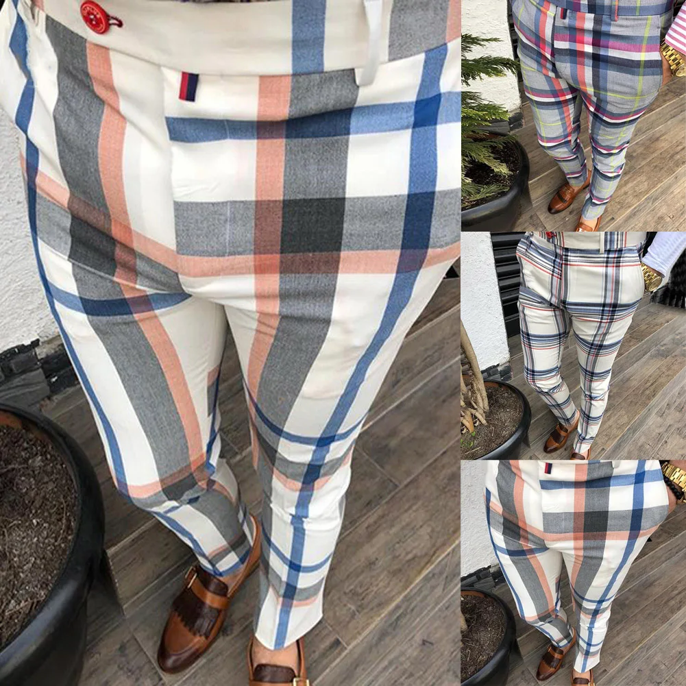 

Fashion Mens Plaid Trousers Bottoms Skinny Joggers Sweat Track Pants Bussiness Casual Trousers Slim Fit Pants Pencil pants